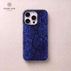 Blue snake print phone case with embossed texture and precise port access
