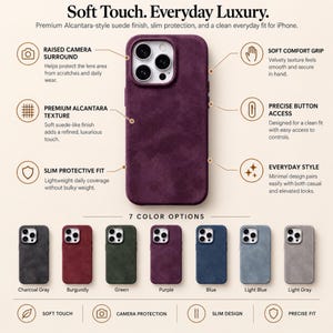 Alcantara style iPhone cases in charcoal gray, burgundy, green, purple, blue, light blue and light gray