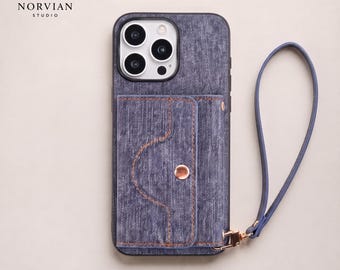 Denim Wallet Phone Case with Card Holder, Mirror & Detachable Wrist Strap