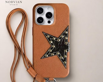 Crossbody Phone Case with Studded Star, Vegan Leather Cover with Long Strap