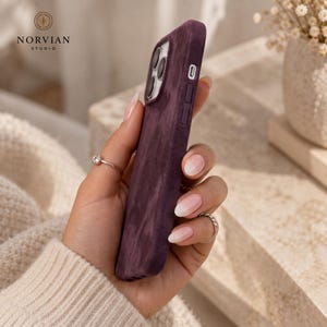 Soft touch suede iPhone case with slim fit design and raised camera edge protection