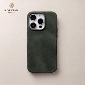 Green Alcantara style iPhone case with MagSafe compatibility and smooth everyday protective design