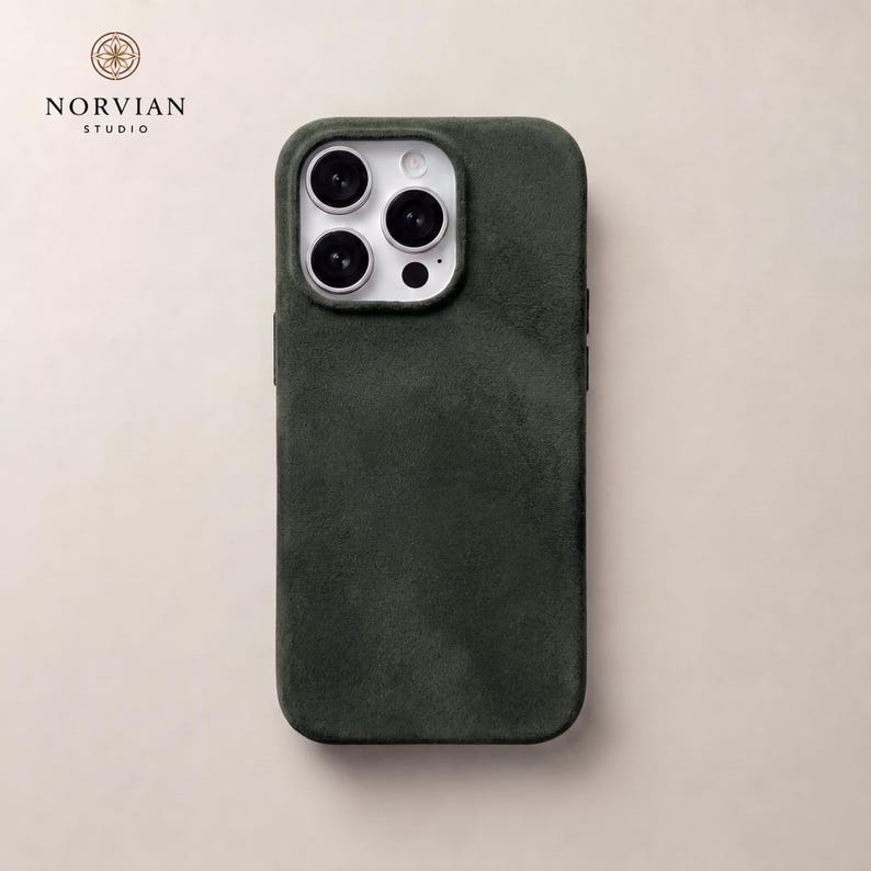 Green Alcantara style iPhone case with MagSafe compatibility and smooth everyday protective design