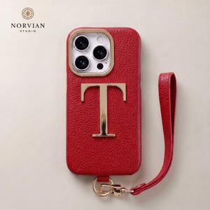 Personalized Leather Phone Case with Metal Initial & Detachable Wrist Strap