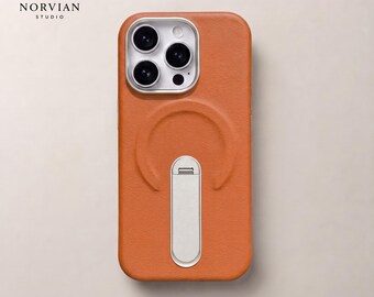 MagSafe Leather iPhone Case with Kickstand, Magnetic Stand Holder Shockproof Protective Cover