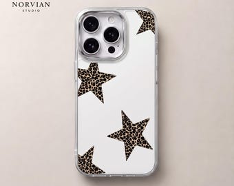 Leopard Star iPhone Case, Clear Animal Print Cover with Transparent Edge