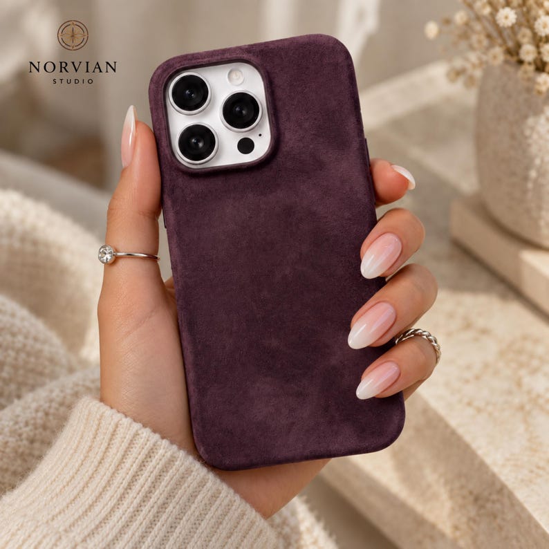 Elegant Alcantara inspired iPhone case with velvety texture and modern protective fit