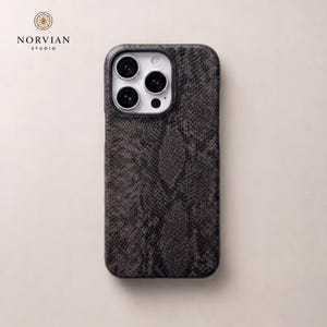 Dark gray snake print iPhone case with embossed texture and precise fit cutouts