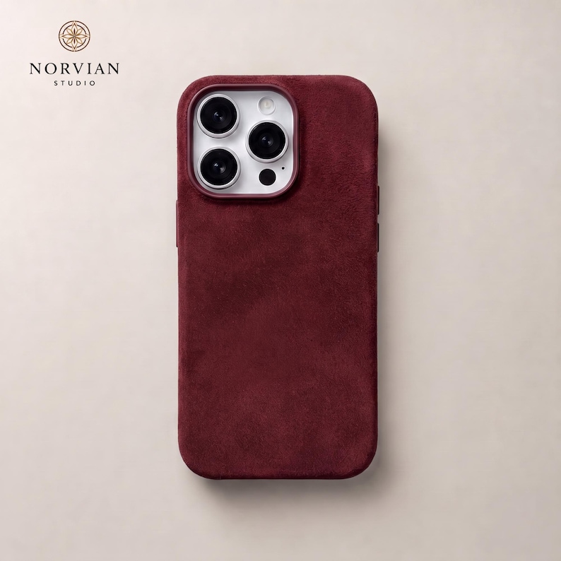Burgundy suede texture MagSafe iPhone case with soft touch finish and raised camera protection