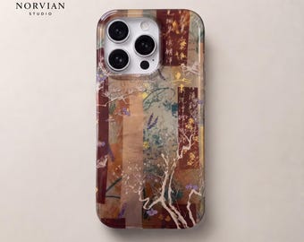 Vintage Collage iPhone Case, Botanical Art Print with Asian Inspired Design