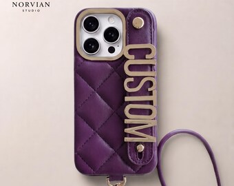 Personalized Quilted Phone Case with Custom Metal Letters & Detachable Wrist Strap