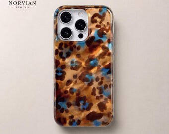 Leopard Print iPhone Case, Blue Brown Animal Pattern Glossy Cover