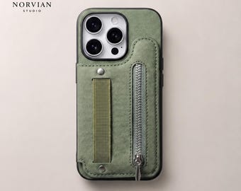 Portafoglio per telefono con tasca con cerniera e cinturino da polso per iPhone