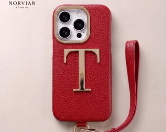 Personalized Leather Phone Case with Metal Initial & Detachable Wrist Strap