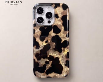 Abstract Leopard iPhone Case, Black Beige Animal Print Glossy Clear Cover