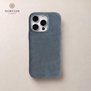 Light blue Alcantara style MagSafe iPhone case with velvety texture and camera protection