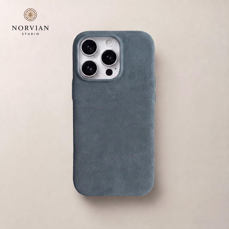 Light blue Alcantara style MagSafe iPhone case with velvety texture and camera protection