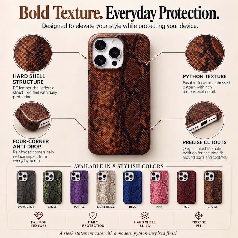 Stylish python print phone case available in dark grey, green, purple, beige, blue, pink, red and brown