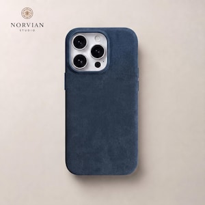 Blue suede finish iPhone case with MagSafe support and soft protective everyday fit