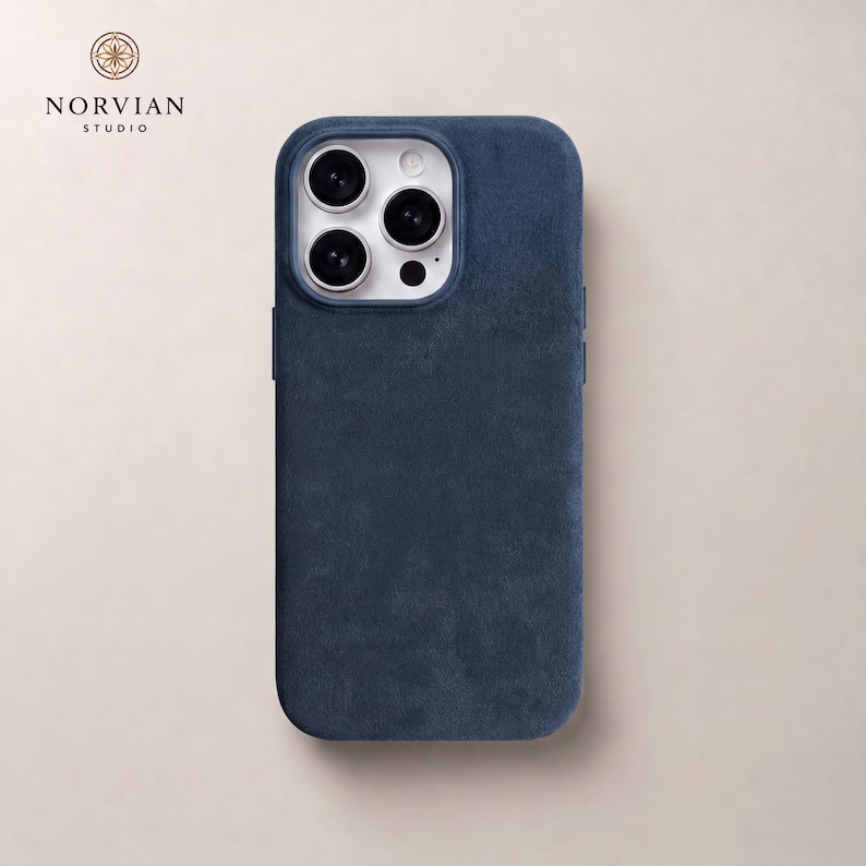 Blue suede finish iPhone case with MagSafe support and soft protective everyday fit