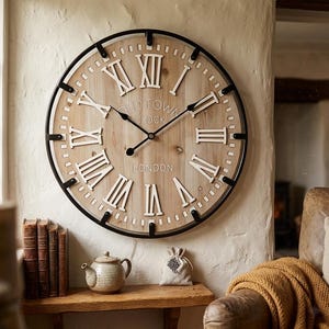 Old Town London Rustic Wooden Wall Clock, Roman Numerals, Black Metal Frame Farmhouse Decor