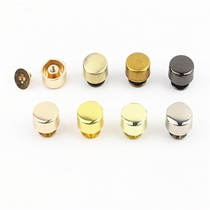 Può includere: Una collezione di otto piccoli rivetti metallici cilindrici a vite in varie finiture metalliche, tra cui oro lucido, ottone spazzolato, argento opaco e canna di fucile scuro, ciascuno con una parte superiore circolare piatta e una vite.