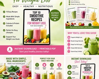 Topp 10 smoothierecept för viktminskning | Utskrivbar digital PDF | Receptbok för hälsosamma smoothies