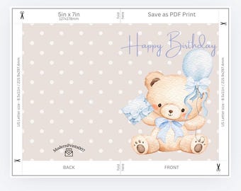 Birthday Bear Balloon Card| 5x7 inch  birthday Card| Prontable(digital) download