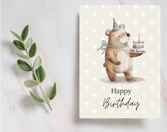 Birthday Bear Birthday Card|5x7 inch Birthday Card| Printable (digital) download
