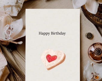 Biglietto di compleanno a forma di biscotto di zucchero a forma di cuore / Design con cuore rosso / Biglietto di auguri di buon compleanno / Stampabile / (Download digitale)