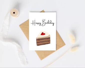 Biglietto d'auguri con fetta di torta al cioccolato / Design minimalista a forma di cuore (Download digitale)
