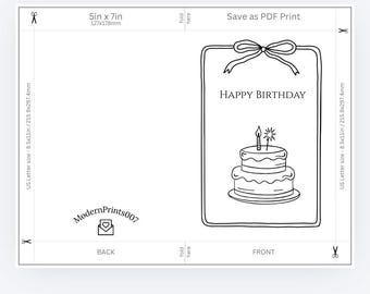 Biglietto d'auguri classico con torta di compleanno / Contorno in bianco e nero (Download digitale)