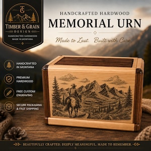 May include: A rectangular wooden memorial urn featuring a laser-engraved scene of a person on horseback riding toward a mountain range. The urn is constructed from light and dark wood tones, with a dark wood lid and corner accents.