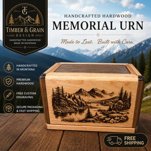 Wooden Cremation Urn for Human Ashes Personalized Funeral Urn Mountain Scene Memorial Box Handcrafted Adult Hardwood Urn Made in USA