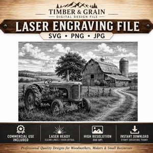 Può includere: Un file di design digitale in bianco e nero per incisione laser raffigurante un trattore d'epoca in un campo vicino a un fienile e un silo. L'immagine include il testo TIMBER & GRAIN, LASER ENGRAVING FILE, SVG, PNG, JPG e altre etichette.