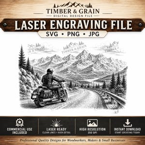 May include: A digital design file for laser engraving featuring a black and white illustration of a motorcyclist riding on a winding road toward a mountain range. The image includes text reading TIMBER & GRAIN, LASER ENGRAVING FILE, SVG, PNG, JPG.
