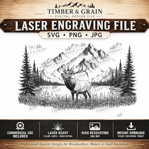 Peut inclure: Un fichier de gravure laser numérique présentant une illustration en noir et blanc d'un élan dans un champ herbeux avec des pins et des montagnes en arrière-plan. Le texte indique Timber & Grain, Laser Engraving File, SVG, PNG, JPG.