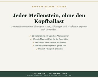 Baby Erstes Jahr Tracker Excel, Meilensteine, Wachstum & Erinnerungen (Google Sheets, DE + EN)