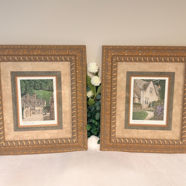 Vintage Tom Caldwell Signed Prints Set of 2 – Castle Combe English Cottage Art, Ornate Gold Framed Cotswold Village Wall Art