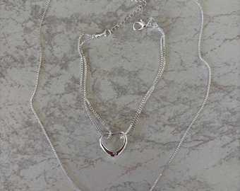 Sterling Silver S925 Open Heart Necklace & Bracelet set with velvet gift/jewellery pouch