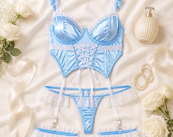 Conjunto de lencería de encaje satinado, corsé nupcial azul con sujetador, tanga y liguero, ropa de dormir para la luna de miel.