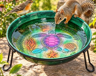 Green and Blue Glass Bird Bath with Metal Stand, Sea Turtle Garden Bowl, Outdoor Bird Feeder and Water Dish, Patio Yard Decor