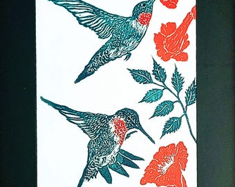 Hummingbirds at Trumpet Vine Linocut Print – Appalachian Wildlife Art – Hand-Pulled Block Print
