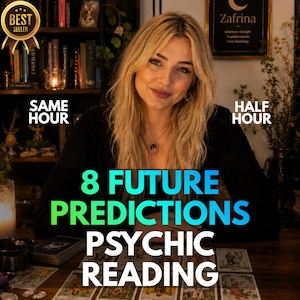 May include: A blonde person in a black top sits behind a wooden table with tarot cards. Text on the image reads: BEST SELLER, SAME HOUR, HALF HOUR, 8 FUTURE PREDICTIONS PSYCHIC READING. A bookshelf and a framed sign labeled Zafrina are visible.