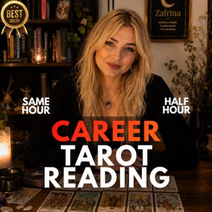 Pode incluir: Uma pessoa loira vestindo uma camisa preta de manga comprida senta-se atrás de uma mesa de madeira com cartas de tarô. O texto na imagem diz: BEST SELLER, SAME HOUR, HALF HOUR, CAREER TAROT READING e Zafrina Intuition Insight Transformation.
