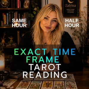 May include: A tarot reading service featuring a person with blonde hair, with text overlays reading SAME HOUR, HALF HOUR, and EXACT TIME FRAME TAROT READING. A wooden table displays a deck of tarot cards arranged in a row, with books in the background.