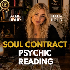 May include: A blonde person wearing a black top sits behind a wooden table with tarot cards spread out. Text on the image reads: BEST SELLER, SAME HOUR, HALF HOUR, SOUL CONTRACT PSYCHIC READING, and Zafrina Intuition Insight Transformation Tarot Readings.