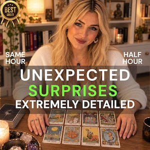 May include: A set of eight tarot cards arranged on a wooden table, featuring The Star, The Sun, The Lovers, The World, The Moon, Wheel of Fortune, Strength, and an additional card, with text reading UNEXPECTED SURPRISES EXTREMELY DETAILED.