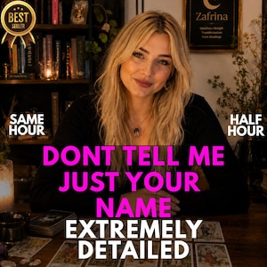 May include: A person with blonde hair wearing a black long-sleeved top, positioned behind a wooden table with tarot cards. Text overlays read: BEST SELLER, SAME HOUR, HALF HOUR, DONT TELL ME JUST YOUR NAME, and EXTREMELY DETAILED. A sign reads Zafrina.