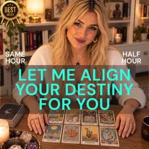 May include: A tarot card reading service featuring a person with blonde hair wearing a white sweater, with eight tarot cards laid out on a wooden table. Text overlays include BEST SELLER, SAME HOUR, HALF HOUR, and LET ME ALIGN YOUR DESTINY FOR YOU.